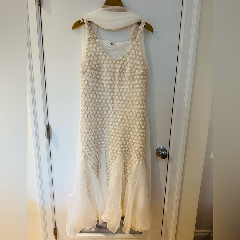 Miss Rosier Cream and White 3D Textured Midi Dress with Sheer Skirt